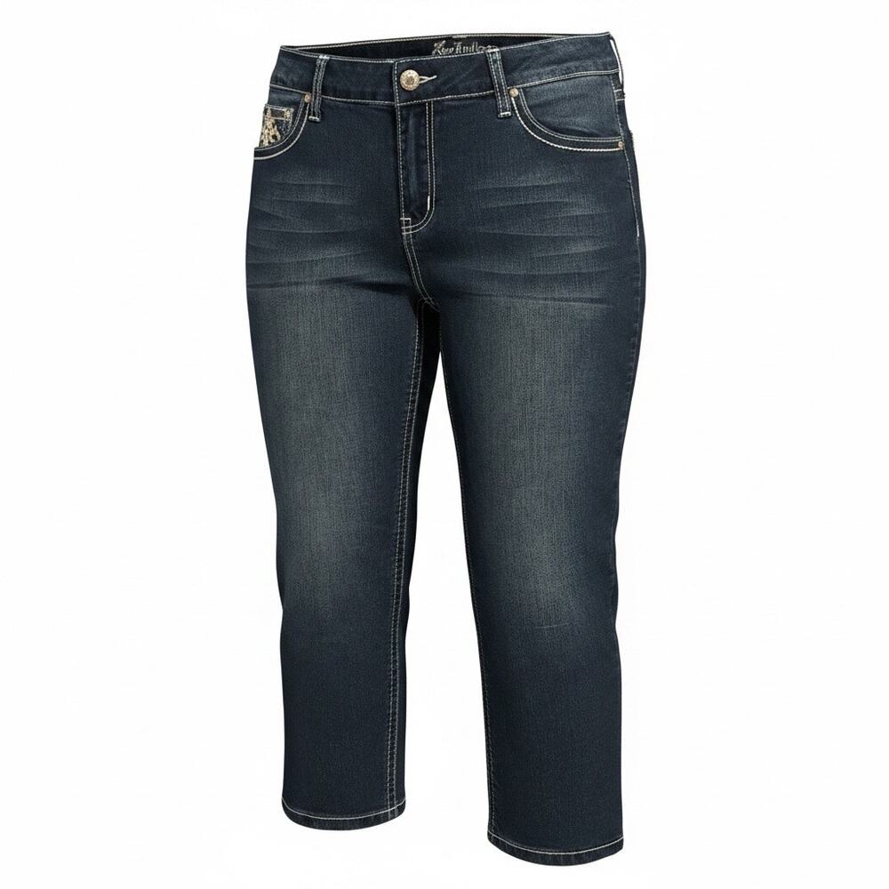 Love Indigo Premium Womens Size 16 Dark Wash Embroidered Fleur De Lis Crop Jeans